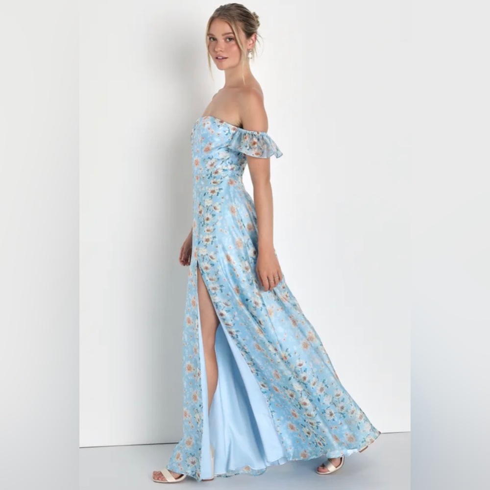 Endless Blooms Blue Floral Organza Off-the-Shoulder Maxi Dress